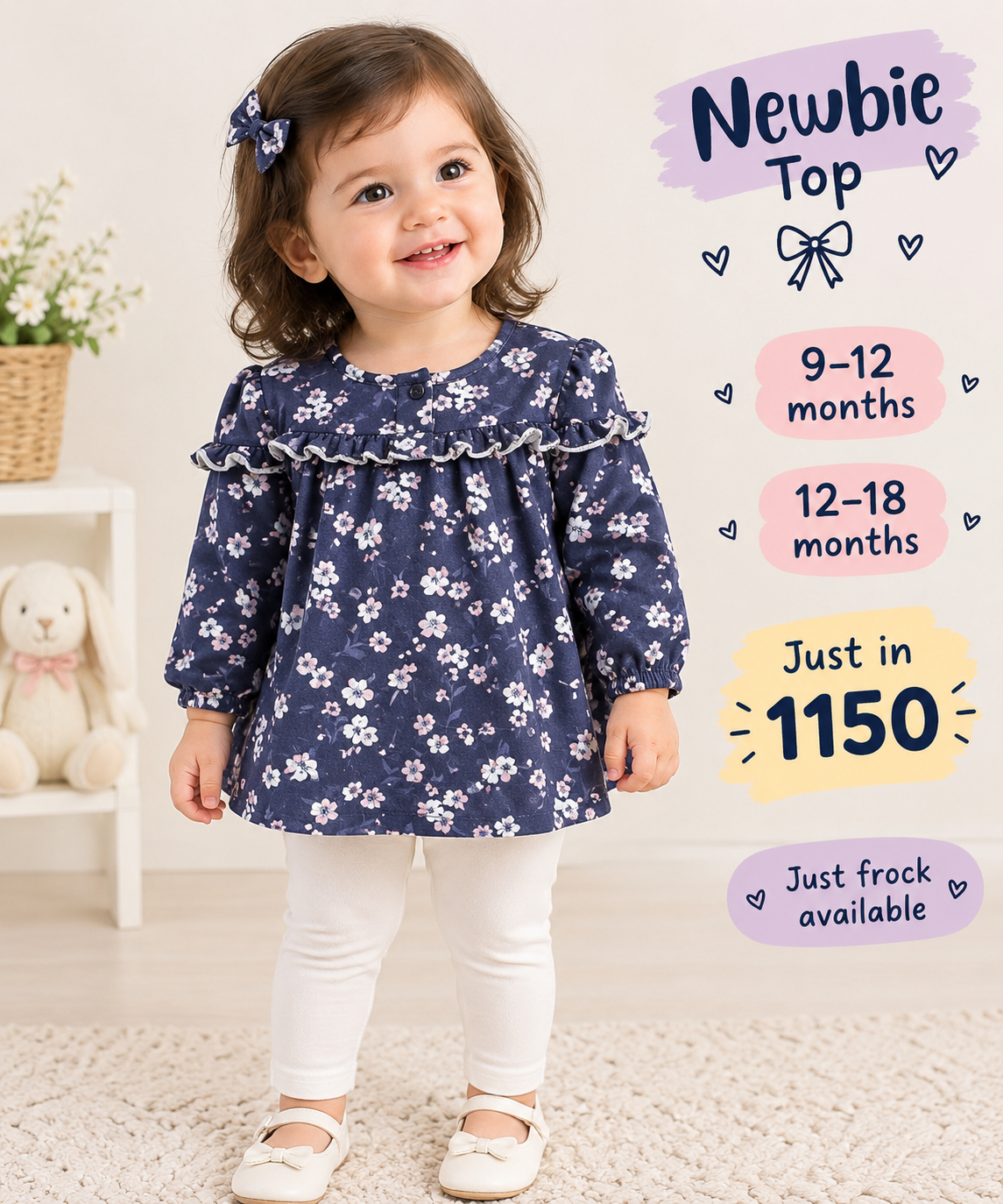 Navy Blue Floral Print Newbie Frock for Baby Girls