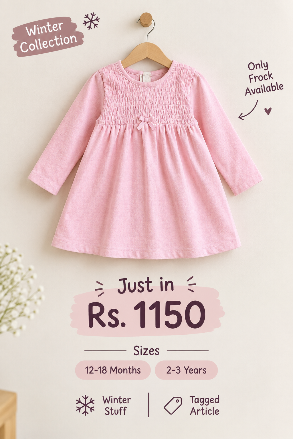 Pink Smocked Long-Sleeve Winter Frock for Baby Girls