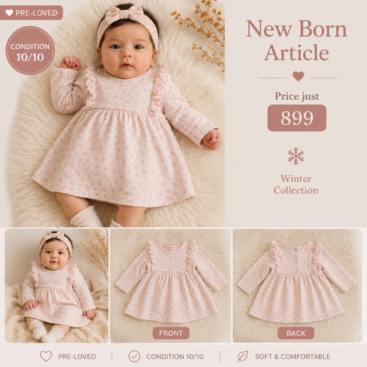 Newborn Baby Girls Light Pink Floral Long Sleeve Frock – Winter Warm Dress