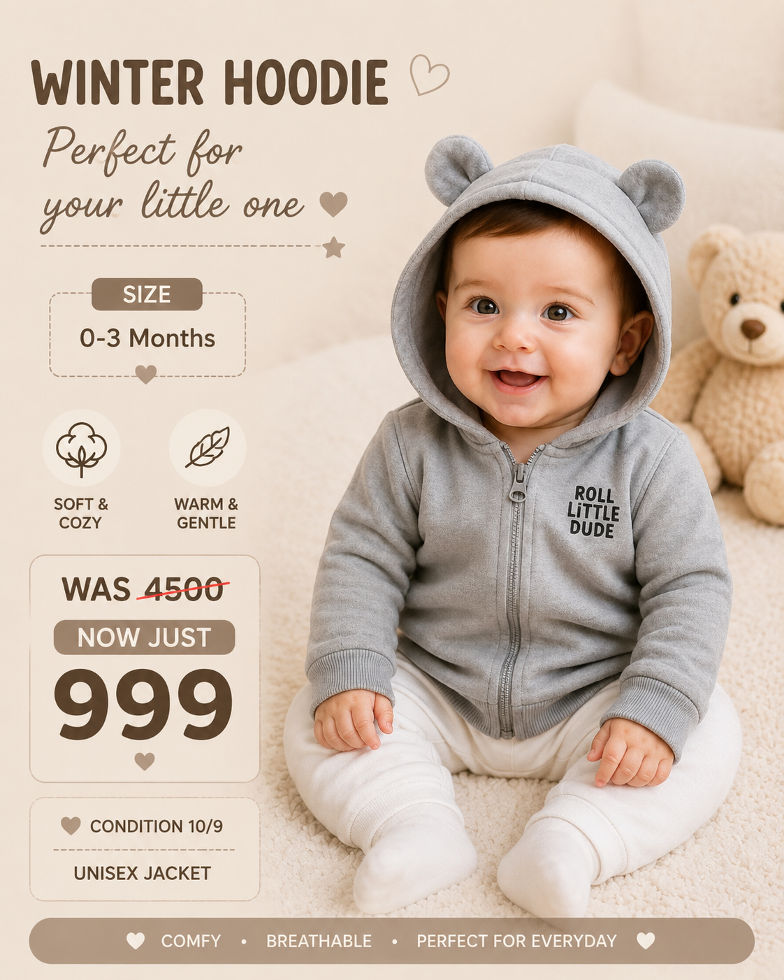 Soft Grey Baby Bear Ear Zip-Up Hoodie Jacket – "Roll Little Dude"
