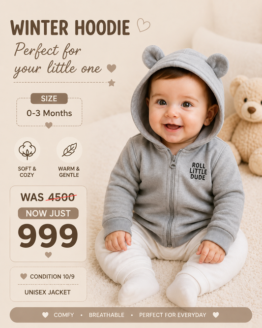 Soft Grey Baby Bear Ear Zip-Up Hoodie Jacket – "Roll Little Dude"