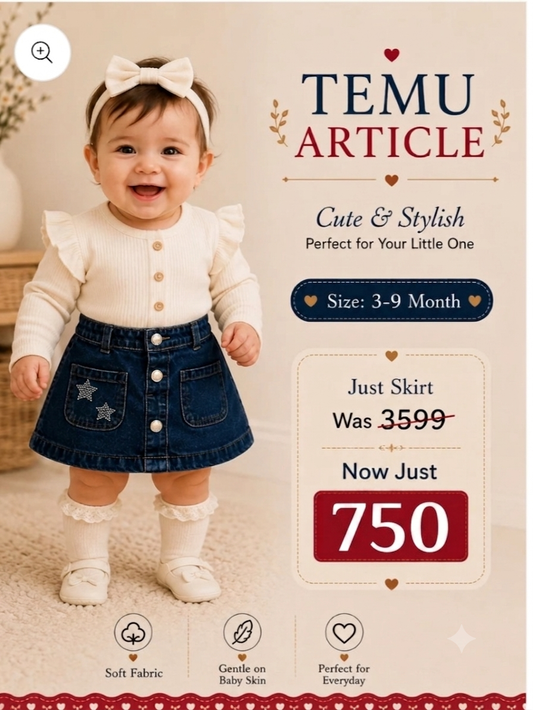 Temu Baby Girls Denim Skirt with Star Detail (3–9 Months) – Cute Toddler Denim Mini Skirt