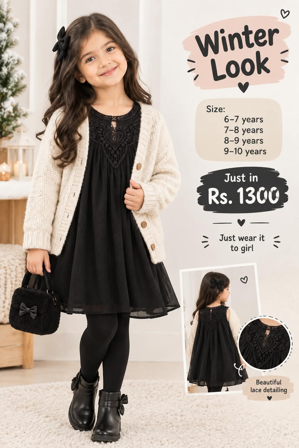 Kids Elegant Black Dress with Lace Neckline