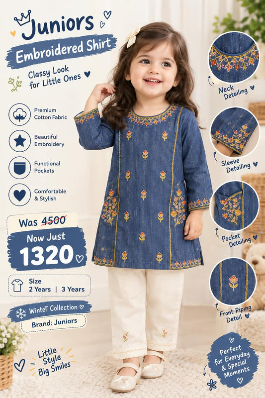 Juniors Blue Embroidered Shirt for Girls