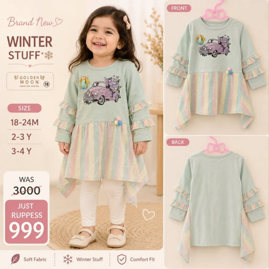 Girls Mint Green Winter Dress with Car Print & Ruffle Sleeves | Kids Warm Dress
