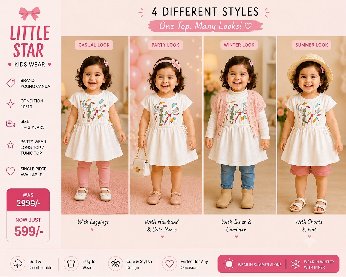 Young Canda Baby Girls White Graphic Tunic Dress – All-Season Party Wear Frock