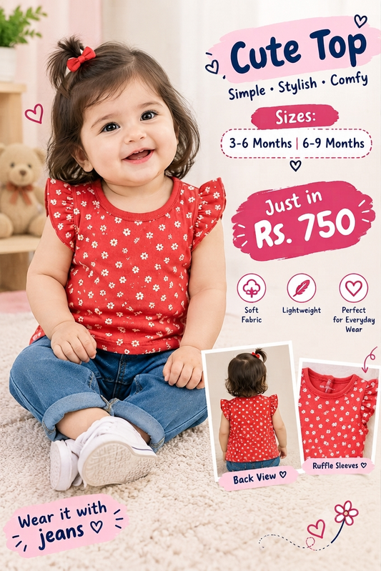 Red Floral Ruffle Sleeve Cute Top for Baby Girls