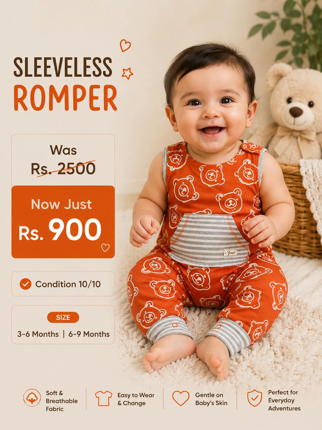 Rust Orange Teddy Bear Sleeveless Romper for Babies