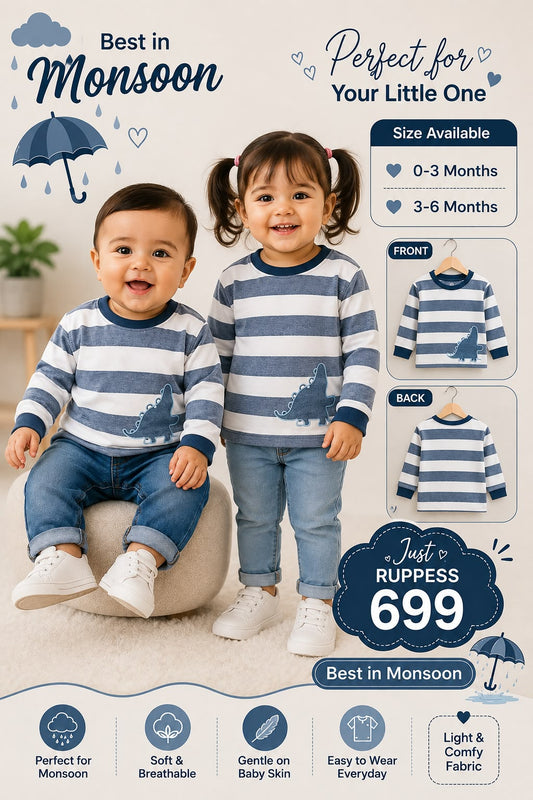 Baby Blue Striped Dinosaur Sweatshirt for Monsoon