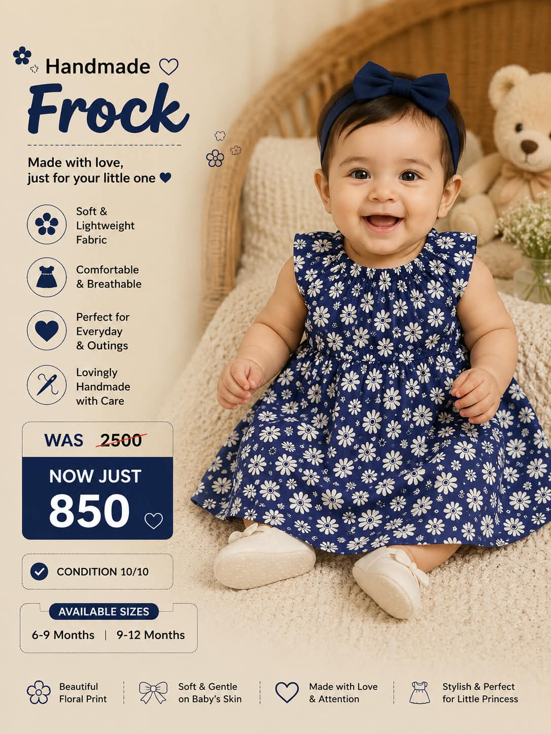 Navy Blue Floral Cotton Frock for Baby Girls