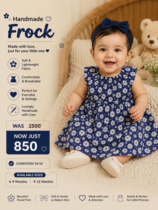 Navy Blue Floral Cotton Frock for Baby Girls