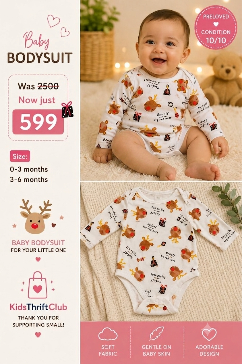 White Rudolph Reindeer Print Long Sleeve Baby Romper Bodysuit