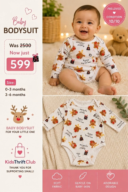 White Rudolph Reindeer Print Long Sleeve Baby Romper Bodysuit