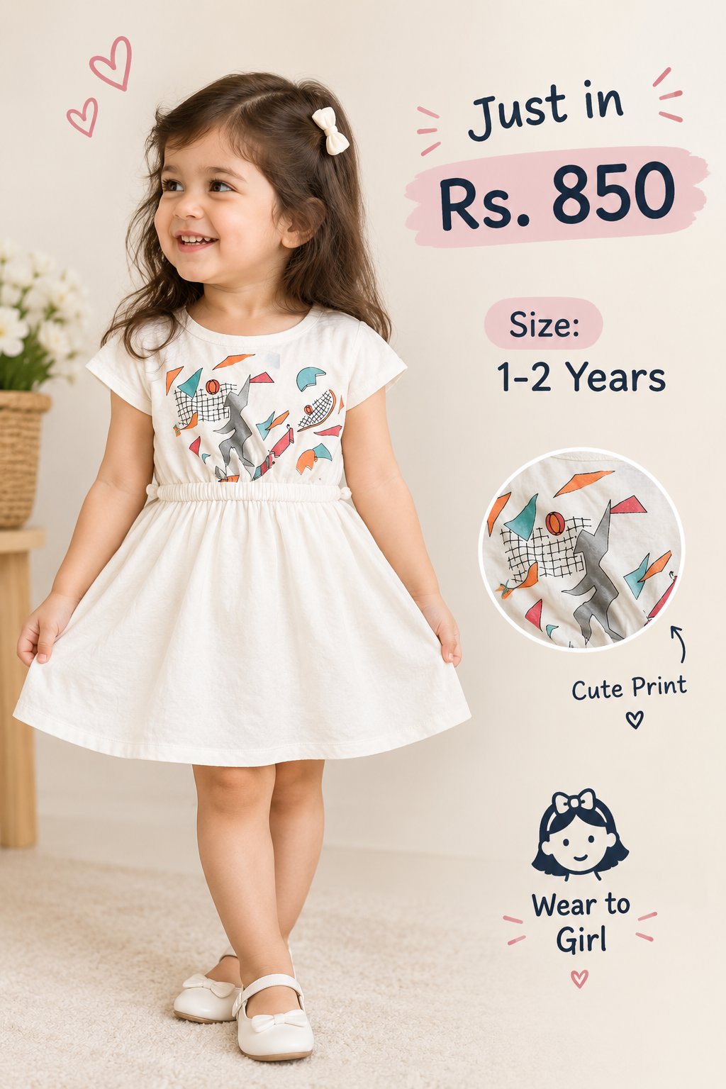 White Graphic Print Short-Sleeve Frock for Baby Girls