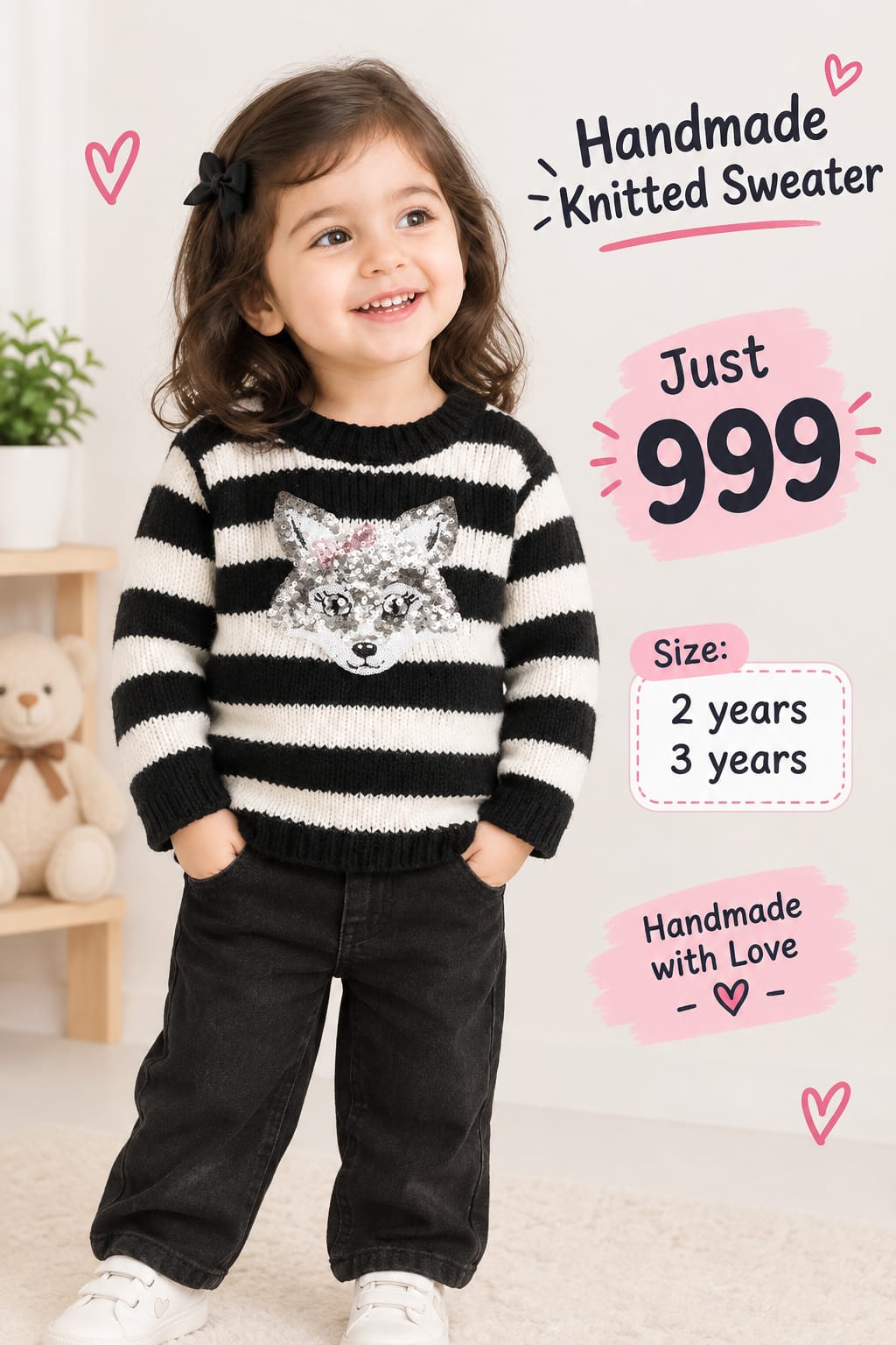 Handmade Black and White Striped Sequin Fox Knitted Sweater for Girls