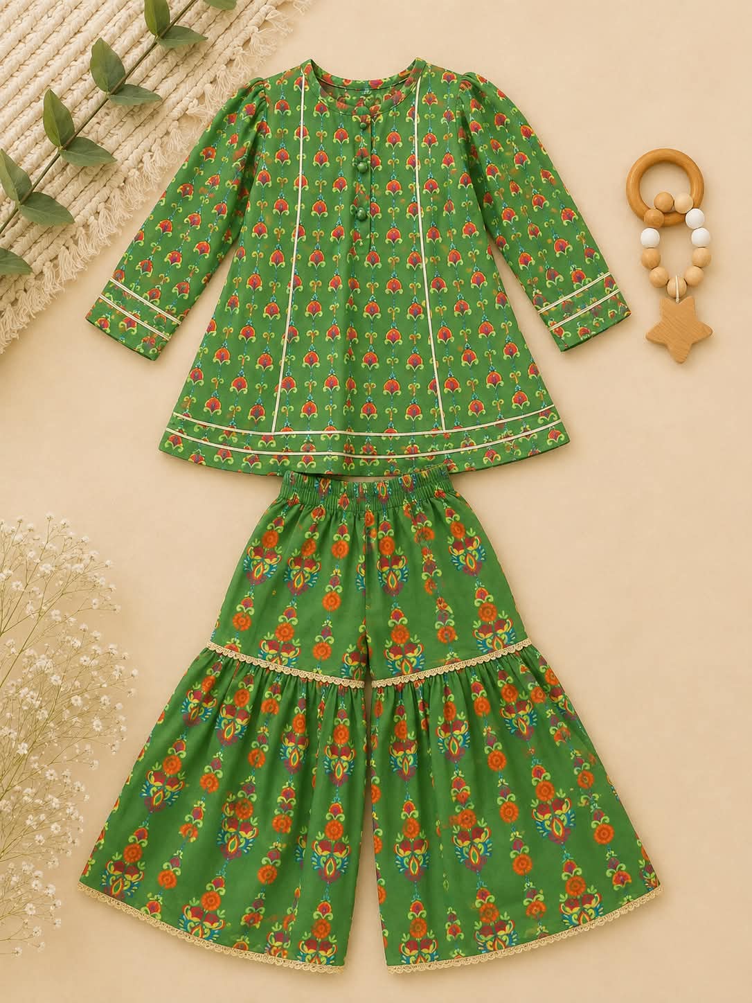 Edenrobe Traditional Green Printed Kurti with Sharara Set for Girls