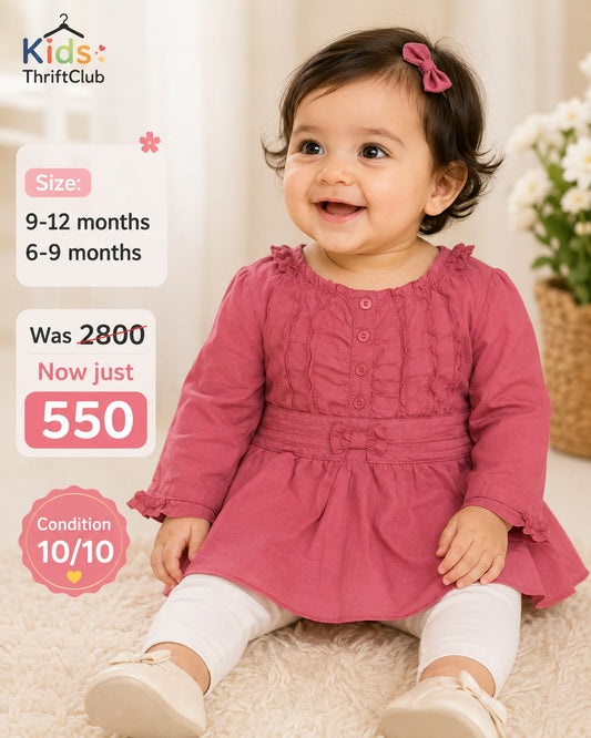 Mauve Pink Ruffled Pintuck Baby Girl Tunic Dress – Long Sleeve Frock