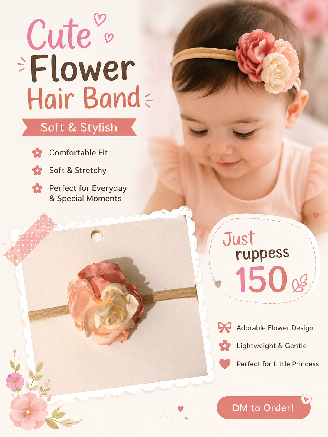 Soft Stretchy Baby Floral Headband – Dual Tone Peach & Cream Flower Hair Band