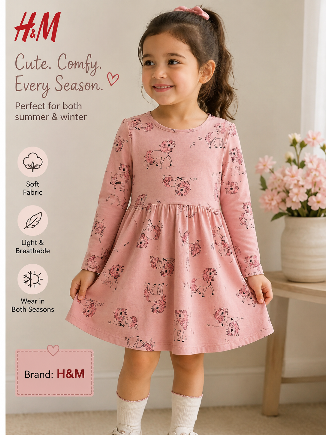 H&M Girls Pink Unicorn Print Dress – Soft & Comfortable Full-Sleeve Dress