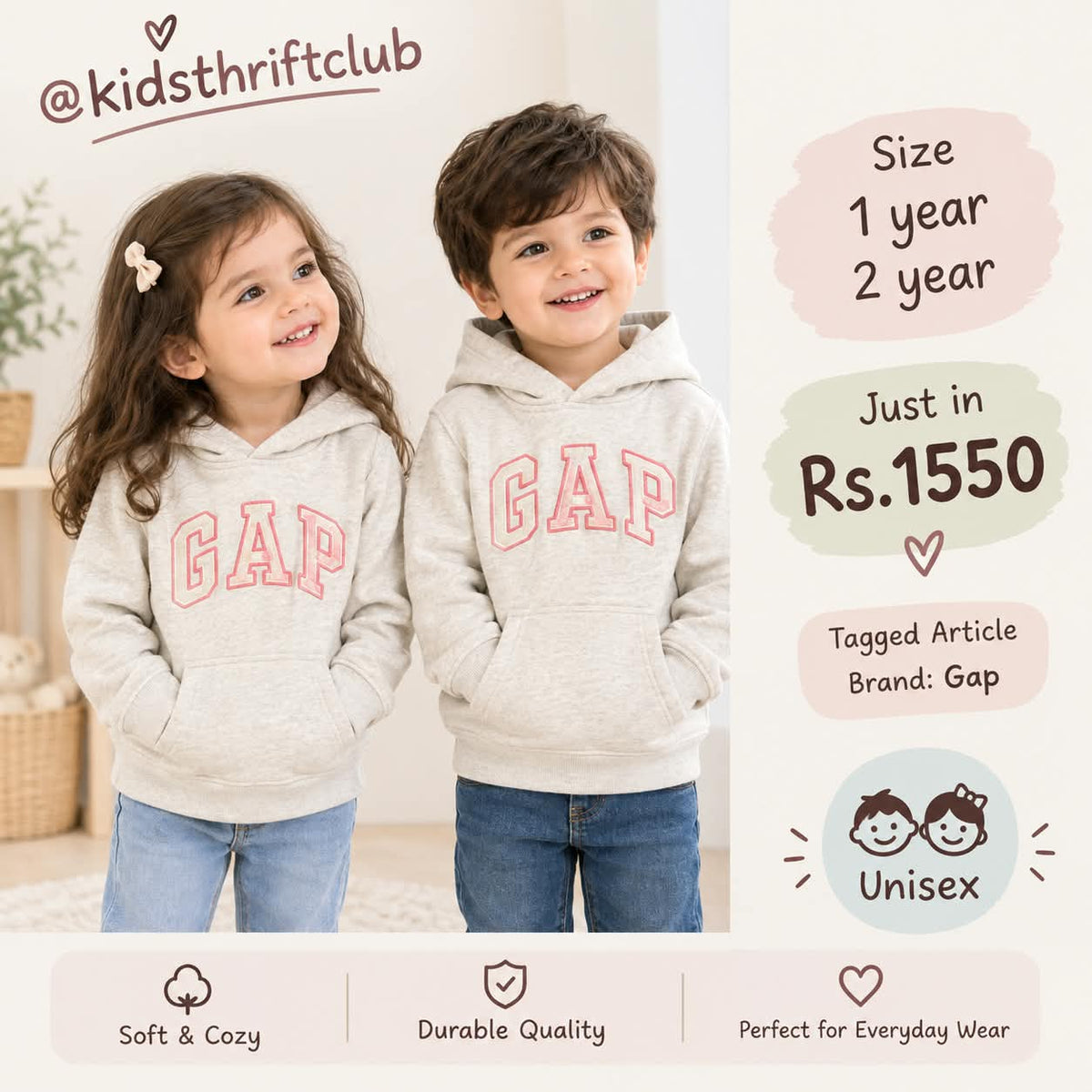 Gap Kids Logo Hoodie | Unisex Gray Pullover Sweatshirt with Pocket