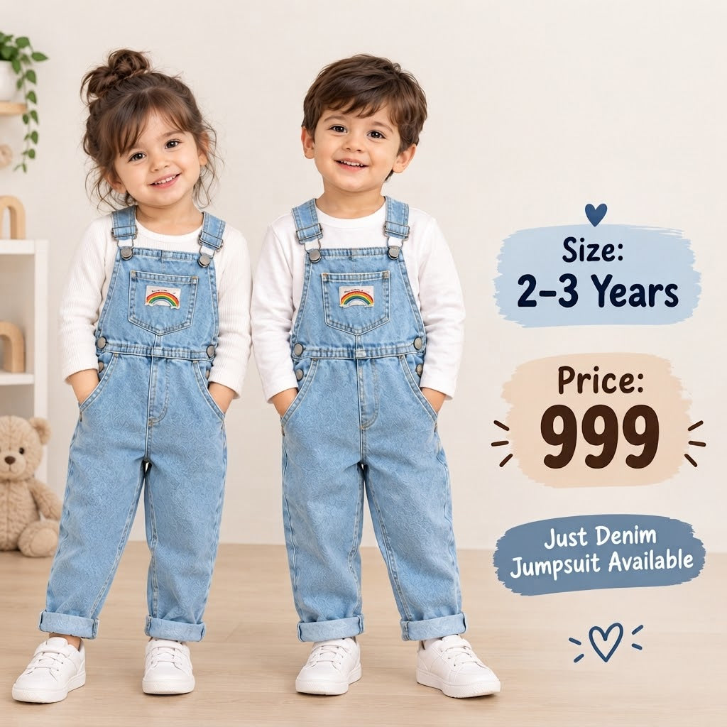 Unisex Light Wash Denim Overalls with Rainbow Detail for Kids