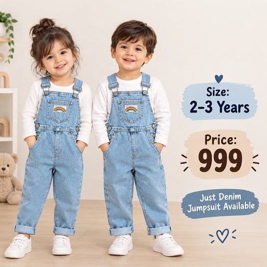 Unisex Light Wash Denim Overalls with Rainbow Detail for Kids