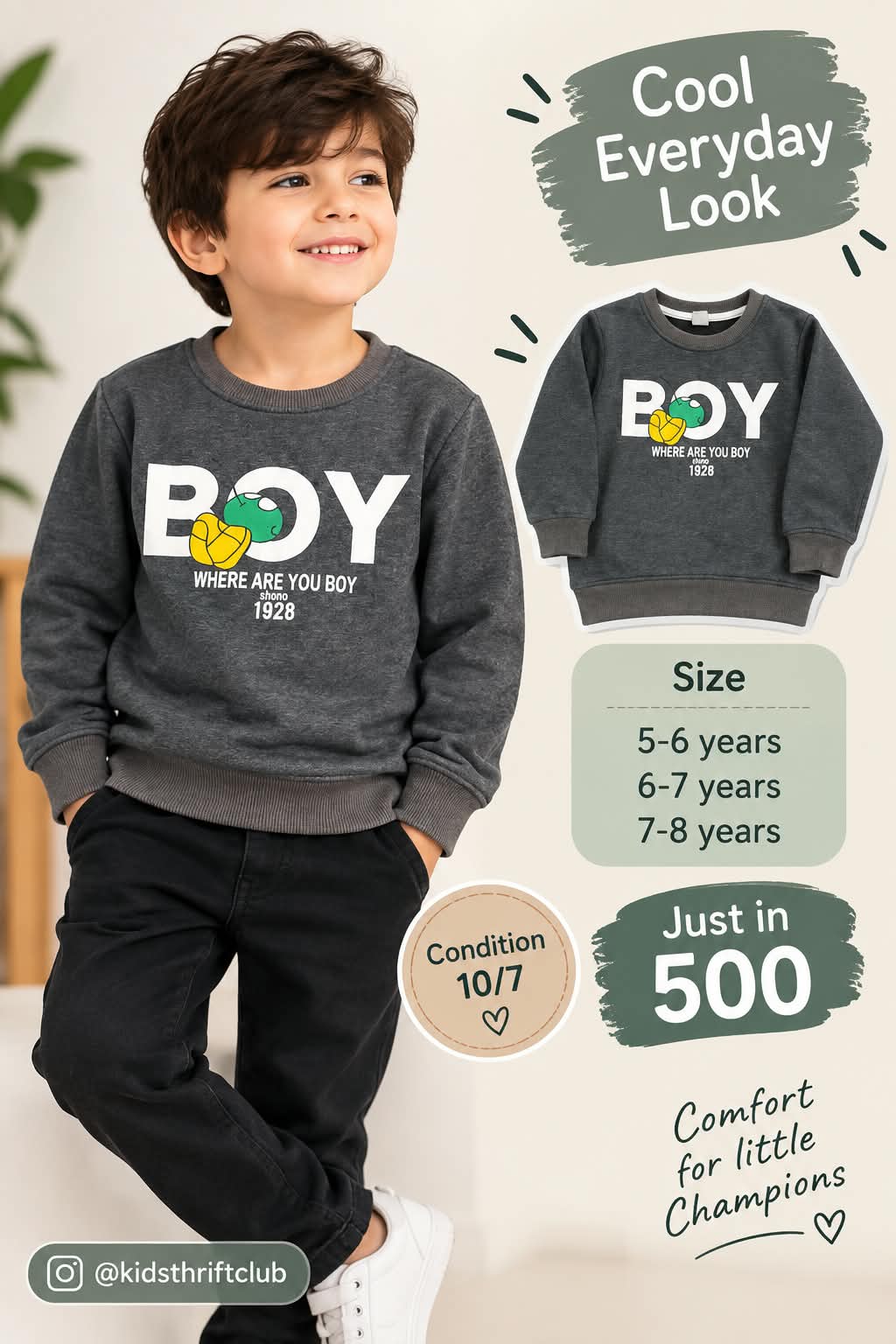 "BOY" Graphic Charcoal Grey Sweatshirt for Boys