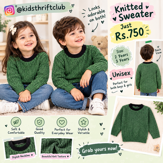Green Knitted Sweater for Kids | Unisex Crewneck Winter Pullover