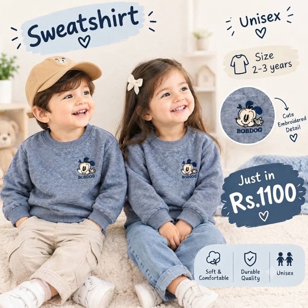 Gray Embroidered Character Winter Sweatshirt for Kids | Cozy Unisex Pullover
