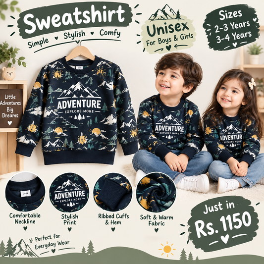 Navy Blue "Adventure" Print Winter Sweatshirt for Kids | Cozy Unisex Pullover