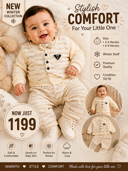 Cozy Winter Formal Bowtie Suit Set for Baby Boy – Warm Tweed Faux-Waistcoat Outfit