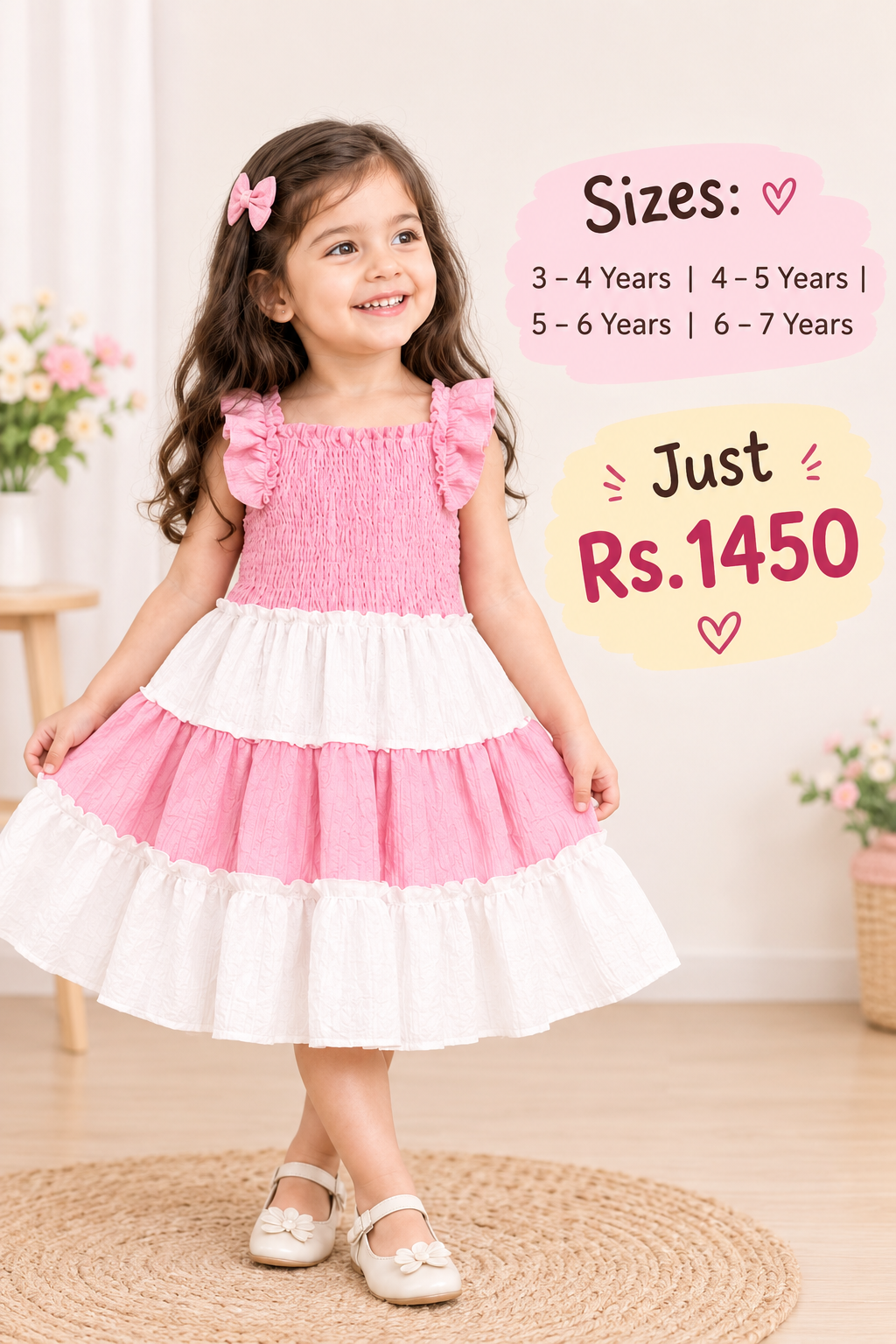 Pink and White Tiered Ruffle Smocked Frock for Girls