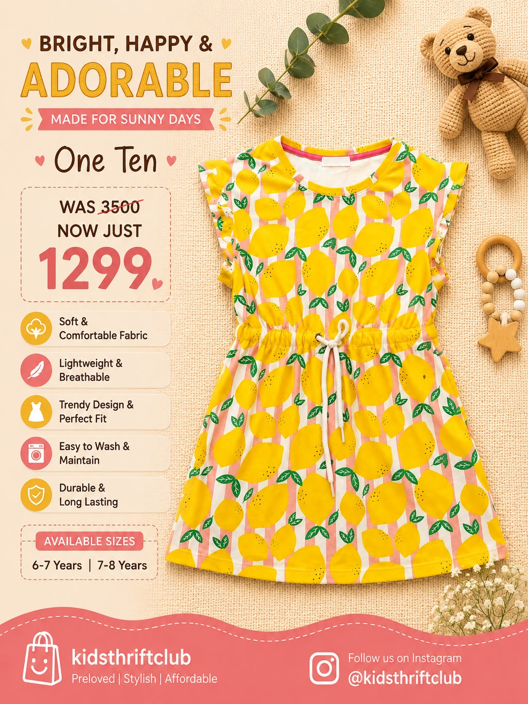 Fresh & Fun Yellow Lemon Print Girls Summer & Winter Top