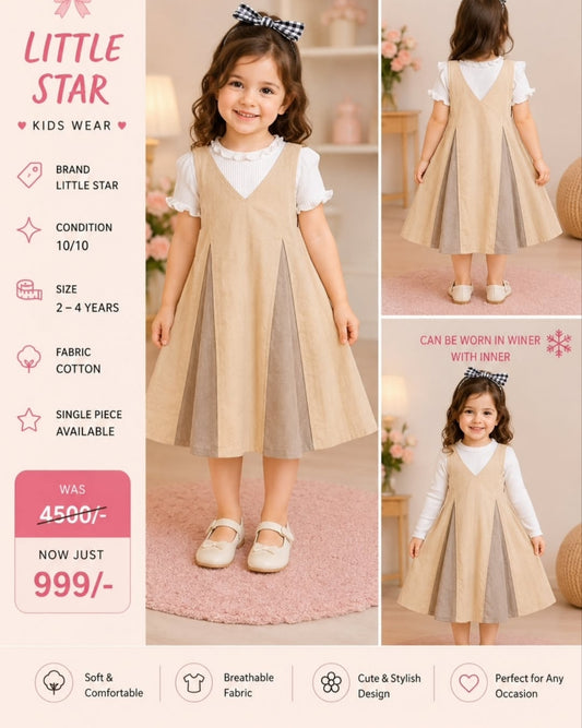 Little Star Beige Color-Block Pleated Cotton Pinafore Dress for Girls