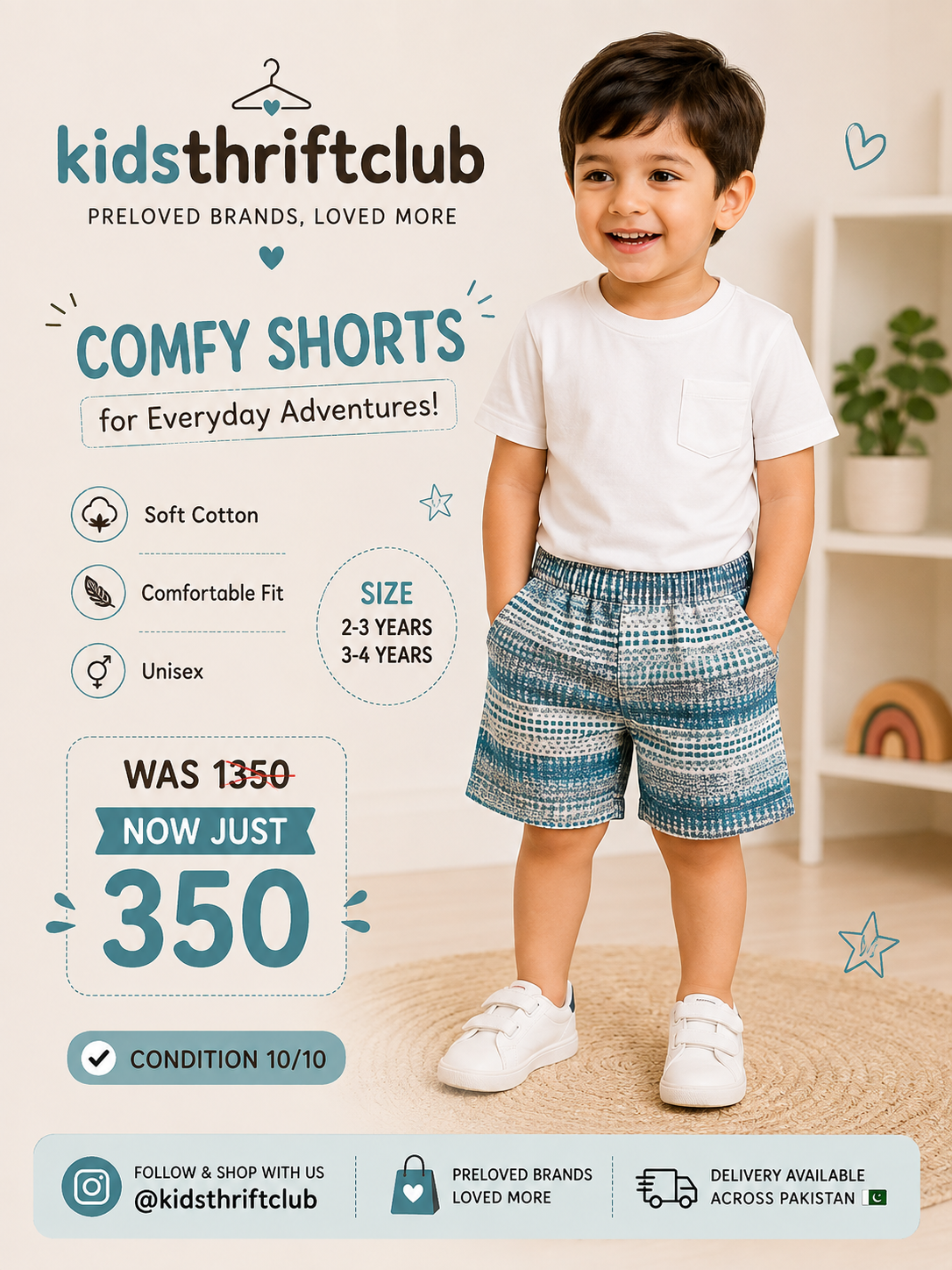 Unisex Kids Blue Printed Cotton Shorts – Comfortable Everyday Wear