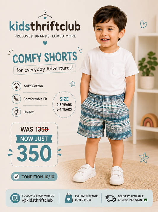 Unisex Kids Blue Printed Cotton Shorts – Comfortable Everyday Wear
