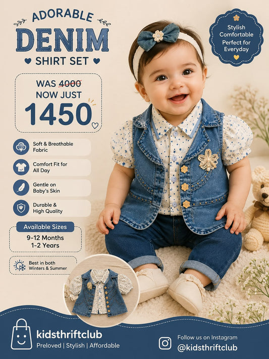 2-Piece Baby Girl Floral Collared Shirt and Denim Waistcoat Set