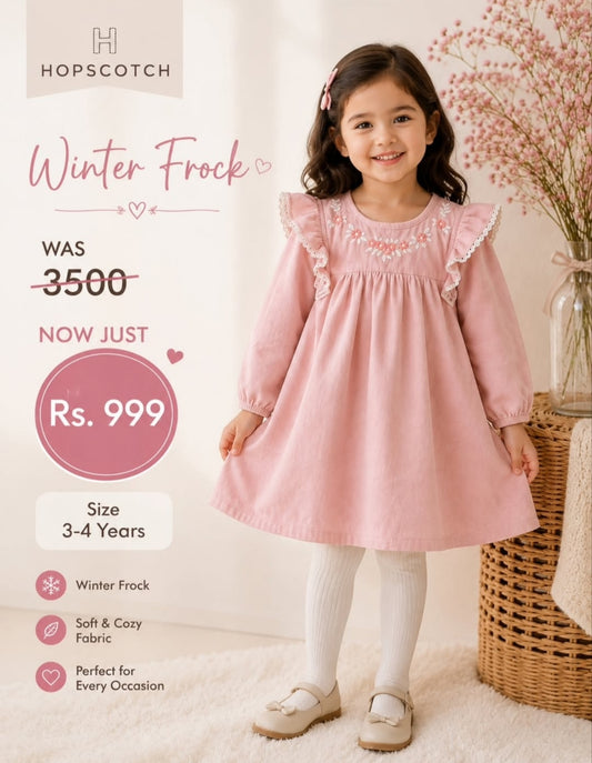 Hopscotch Girls Pink Floral Embroidered Winter Frock