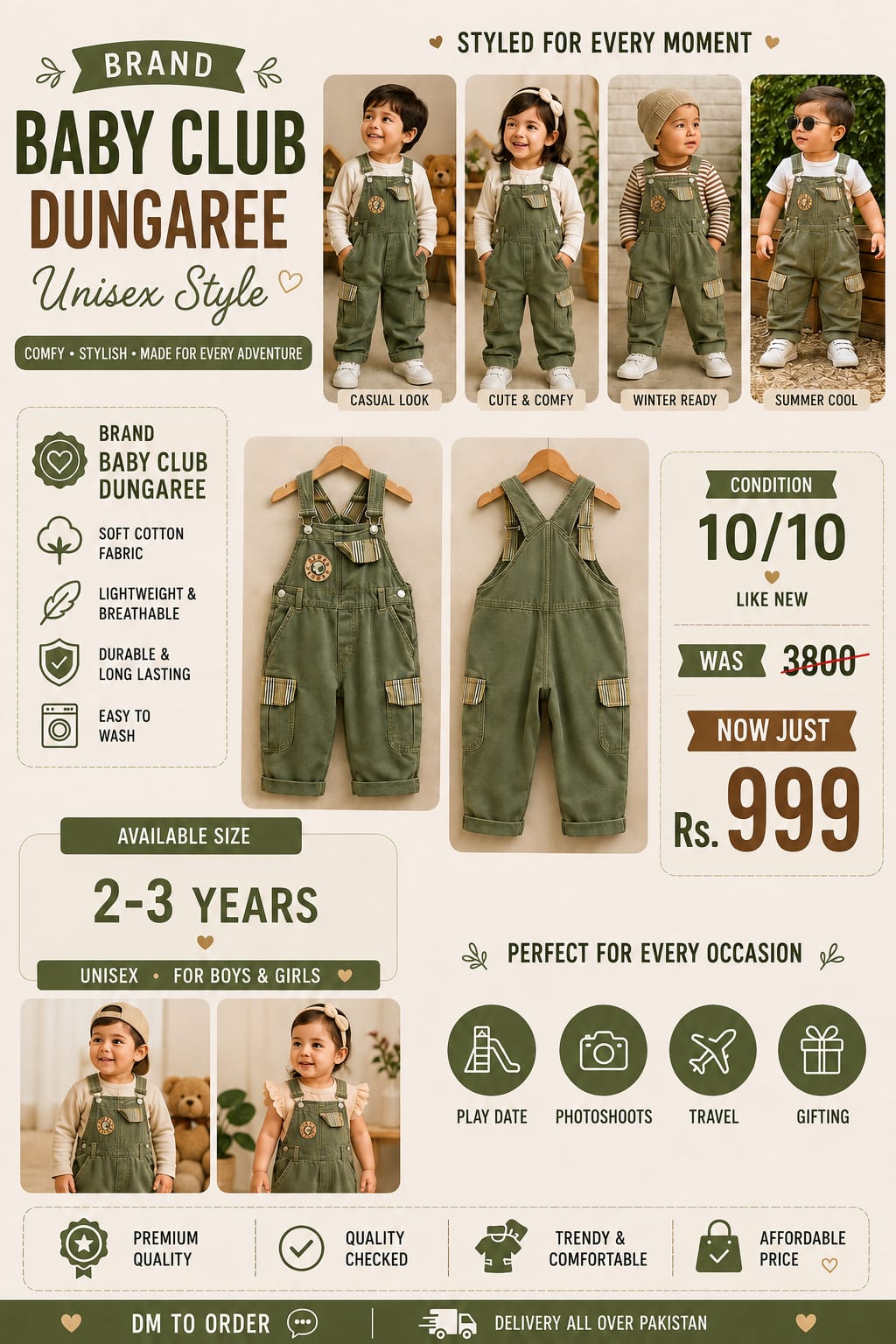 Baby Club Olive Green Cotton Dungarees (2–3 Years) – Unisex Toddler Overalls