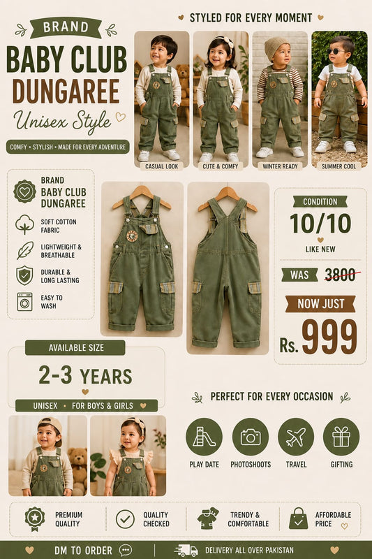 Baby Club Olive Green Cotton Dungarees (2–3 Years) – Unisex Toddler Overalls
