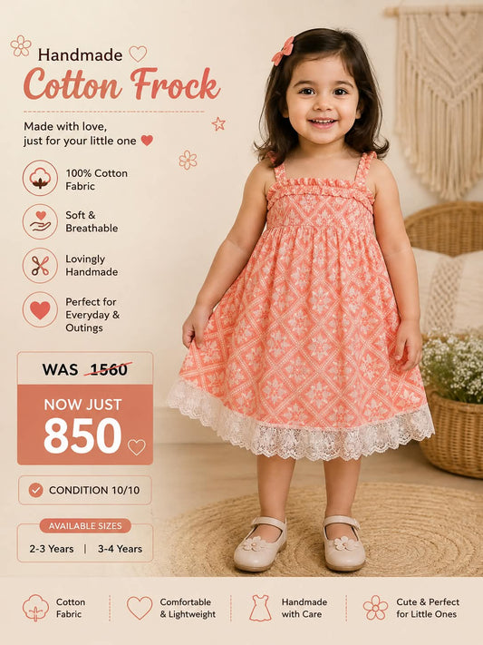 Handmade Peach Cotton Printed Frock for Girls