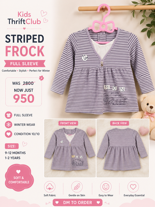 Girls Purple & White Striped Winter Frock | Full-Sleeve Baby Girl Dress