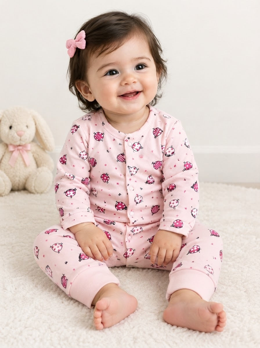 Pink Ladybug and Star Print Baby Romper for Infant Girls
