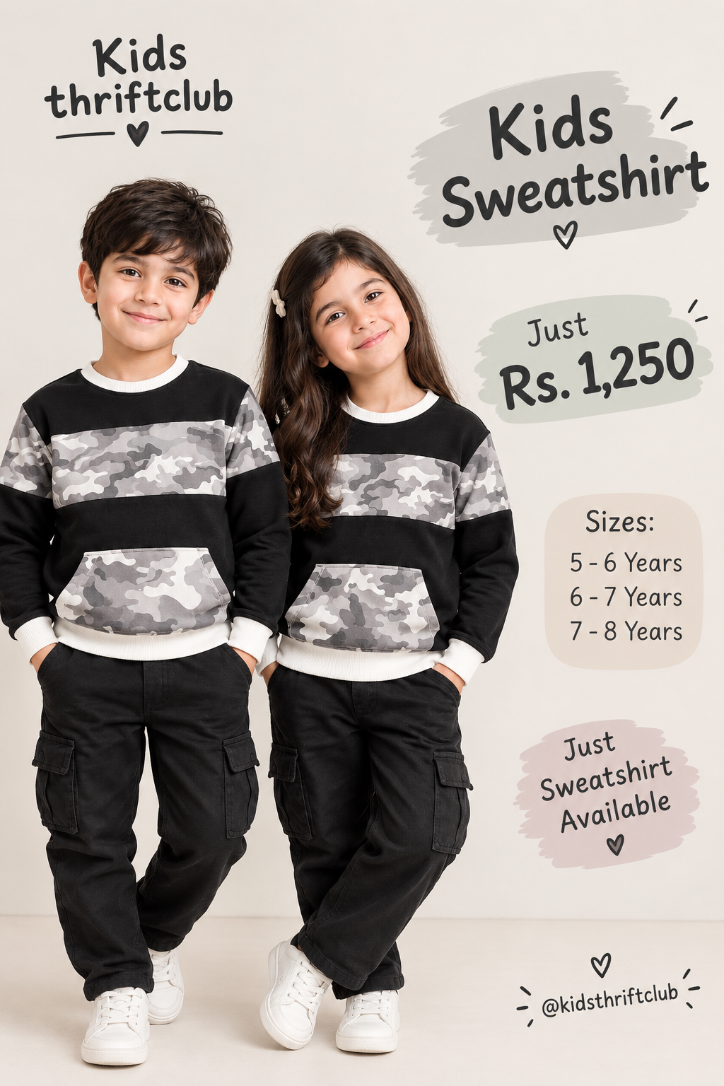KidsThriftClub Black and Grey Camo Block Unisex Kids Sweatshirt