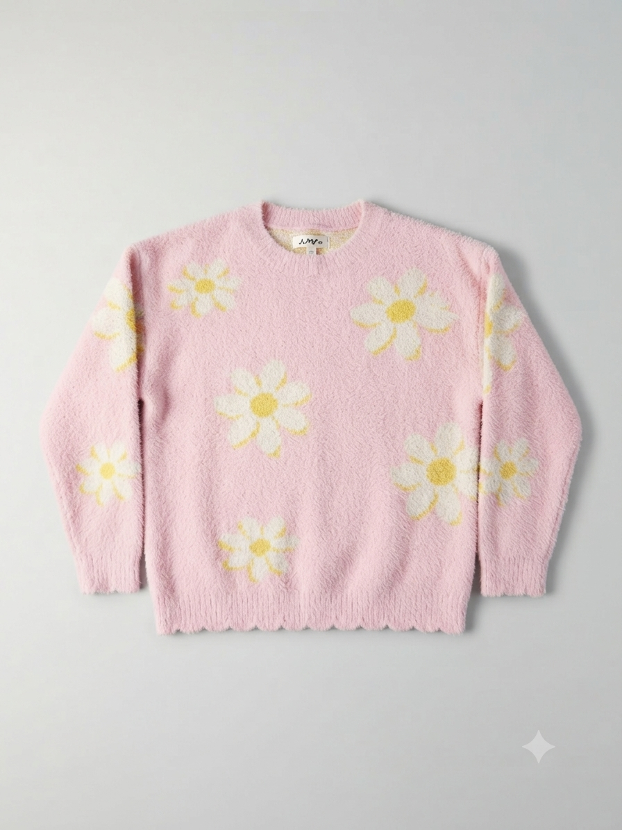 Disney Pink Floral Knitted Sweater for Girls | Cozy Daisy Print Winter Pullover