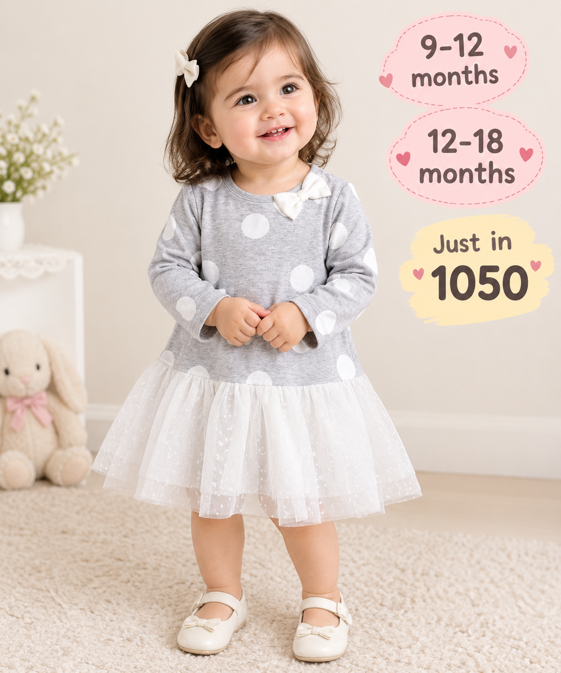 Grey Polka Dot Dress with White Tulle Skirt for Baby Girls