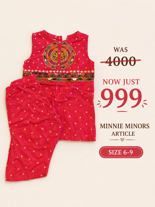 Minnie Minors Baby Girls Hot red Ethnic Kurta Set (6–9 Months) – Festive Suit