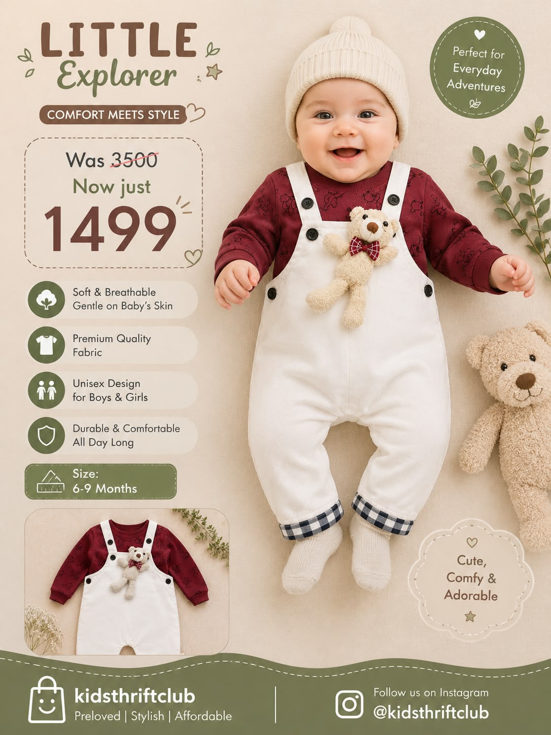 Unisex Off-White Dungaree Overall Set with 3D Teddy Bear for Babies
