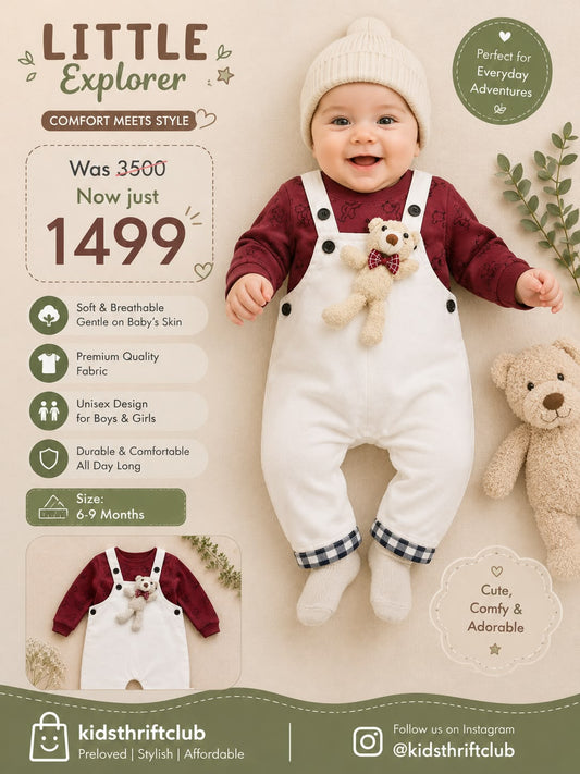 Unisex Off-White Dungaree Overall Set with 3D Teddy Bear for Babies