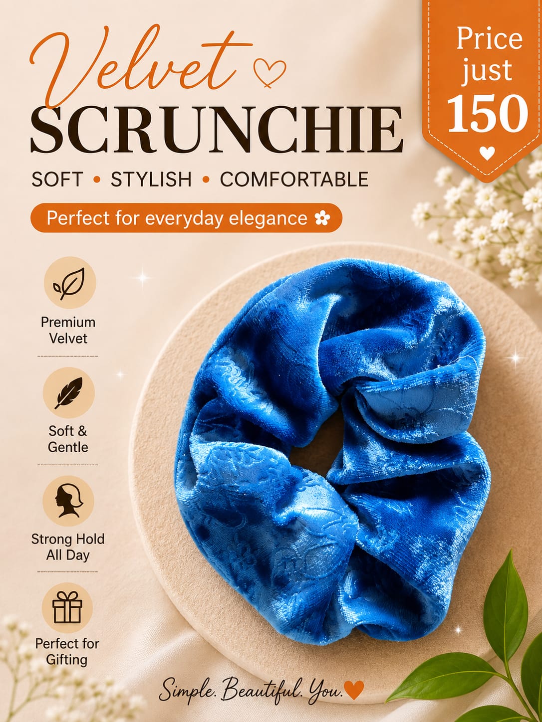 Soft Premium Plush Royal Blue Textured Velvet Scrunchie – Elastic Hair Tie